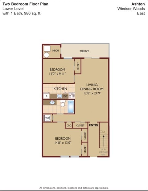 Floor plan for 2 beds, 1 bath, 927 sqft